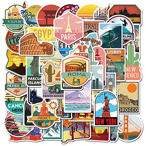 iDream Travel World Destination Self-Adhesive Waterproof Vinyl Stickers - Famous Cities for Laptop, Desk, Luggage, Guitar, Scrapbook, Furniture, Skateboard, Toy DIY Décor (Set of 50) - Image 1