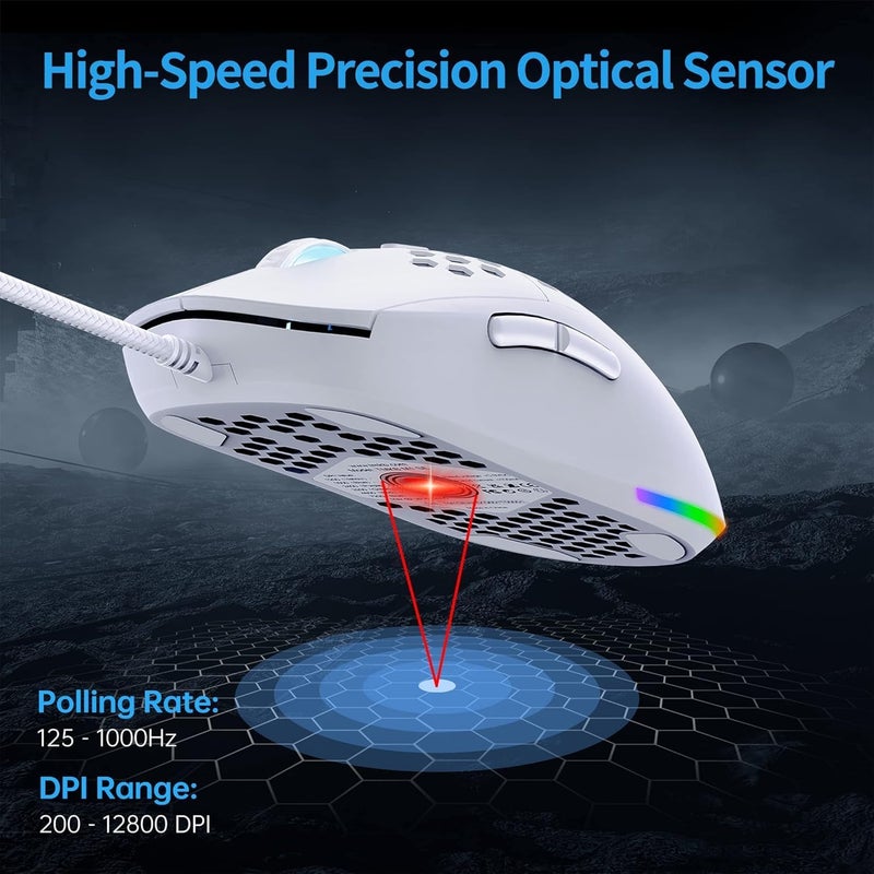 HYRAINBOW Ultralight Honeycomb Gaming Mouse, High-Precision 12800DPI Optical Sensor, 6 Programmable Buttons, Drag-Free Paracord, Ergonomic, Wired - Matte White - Image 2