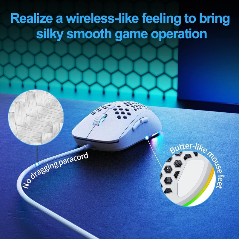 HYRAINBOW Ultralight Honeycomb Gaming Mouse, High-Precision 12800DPI Optical Sensor, 6 Programmable Buttons, Drag-Free Paracord, Ergonomic, Wired - Matte White - Image 4