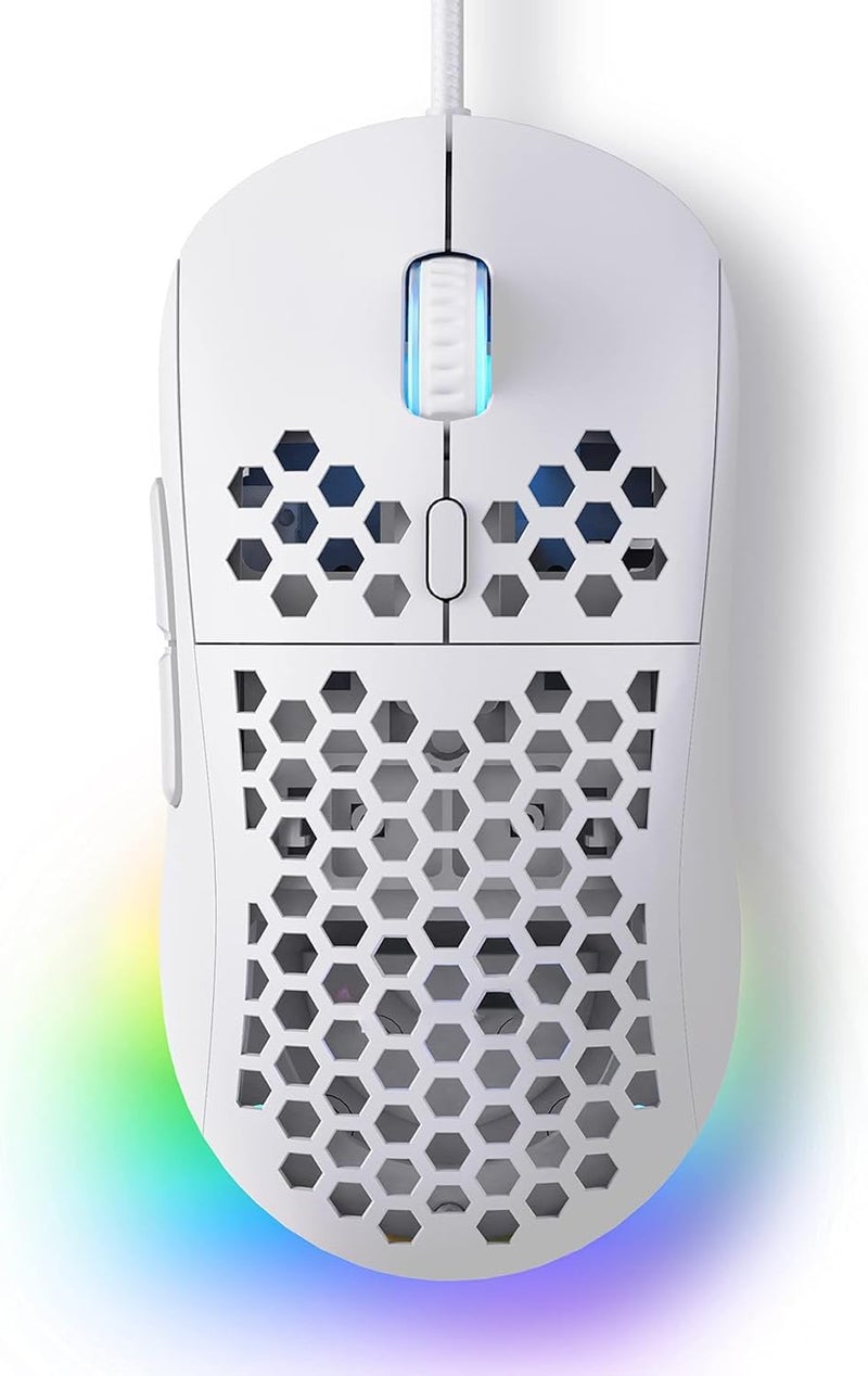 HYRAINBOW Ultralight Honeycomb Gaming Mouse, High-Precision 12800DPI Optical Sensor, 6 Programmable Buttons, Drag-Free Paracord, Ergonomic, Wired - Matte White - Image 1