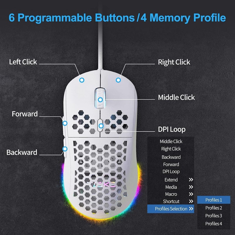 HYRAINBOW Ultralight Honeycomb Gaming Mouse, High-Precision 12800DPI Optical Sensor, 6 Programmable Buttons, Drag-Free Paracord, Ergonomic, Wired - Matte White - Image 3