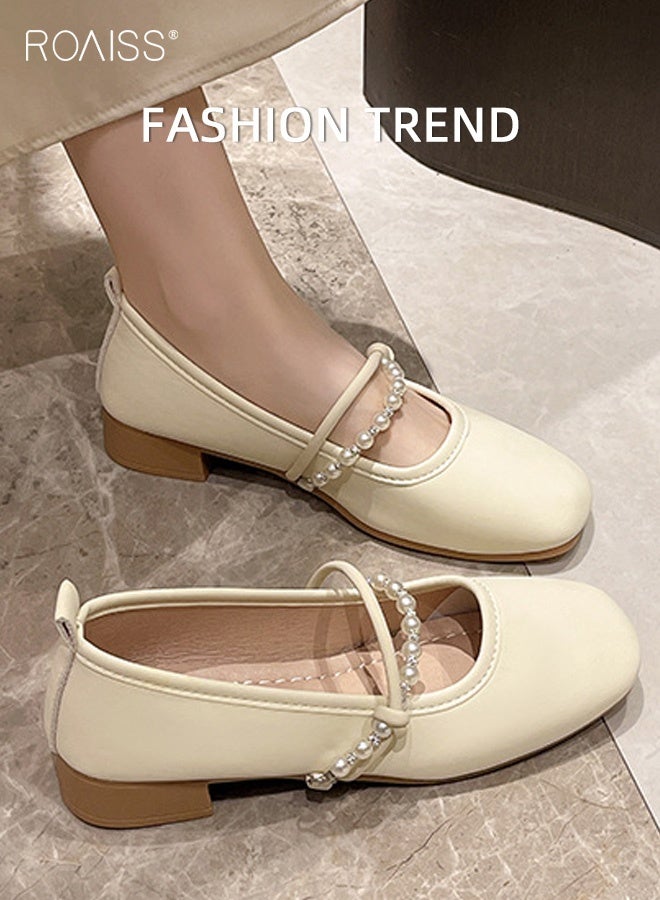 رويس حذاء نسائي كلاسيكي ذو نعل ناعم، سهل الارتداء، مصنوع من الجلد، مزين باللؤلؤ، بكعب منخفض، مريح، يسمح بالتهوية، ومضاد للانزلاق، مناسب للارتداء اليومي، لون بيج. - Image 2
