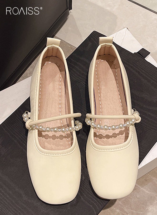 رويس حذاء نسائي كلاسيكي ذو نعل ناعم، سهل الارتداء، مصنوع من الجلد، مزين باللؤلؤ، بكعب منخفض، مريح، يسمح بالتهوية، ومضاد للانزلاق، مناسب للارتداء اليومي، لون بيج. - Image 4