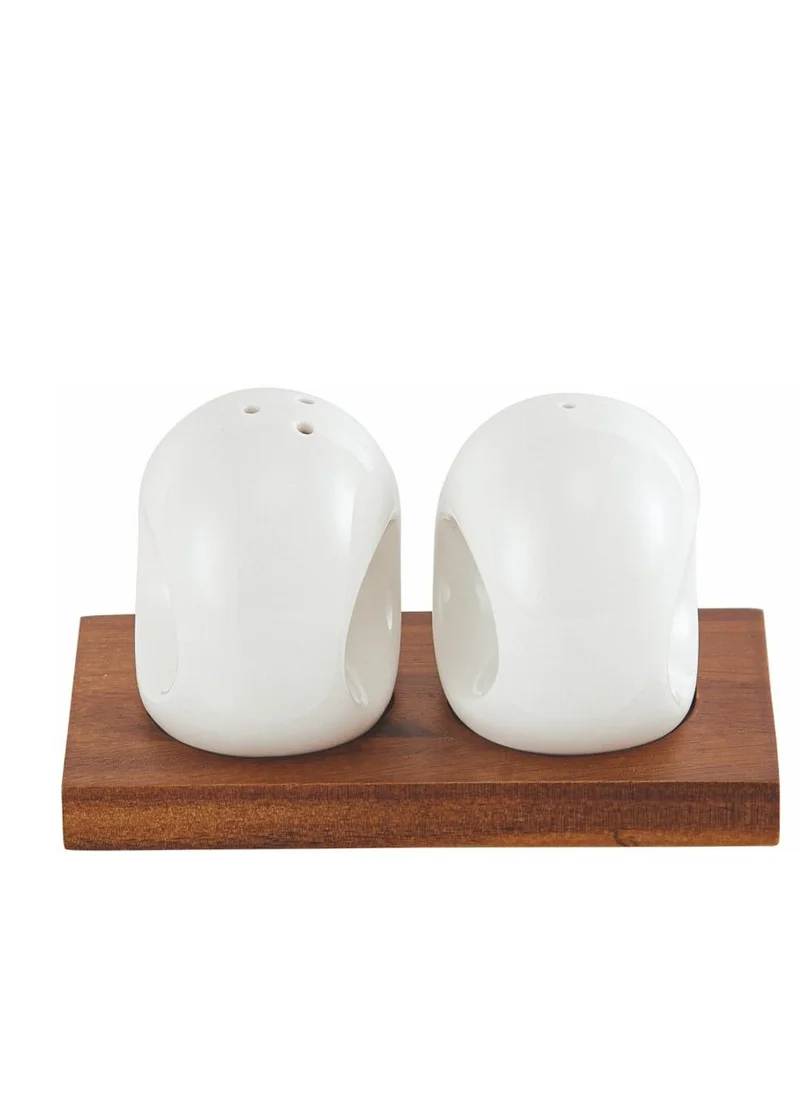 Shallow Shallow Acacia Wood Porcelain 2 Pieces Salt & Pepper Set, White & Brown