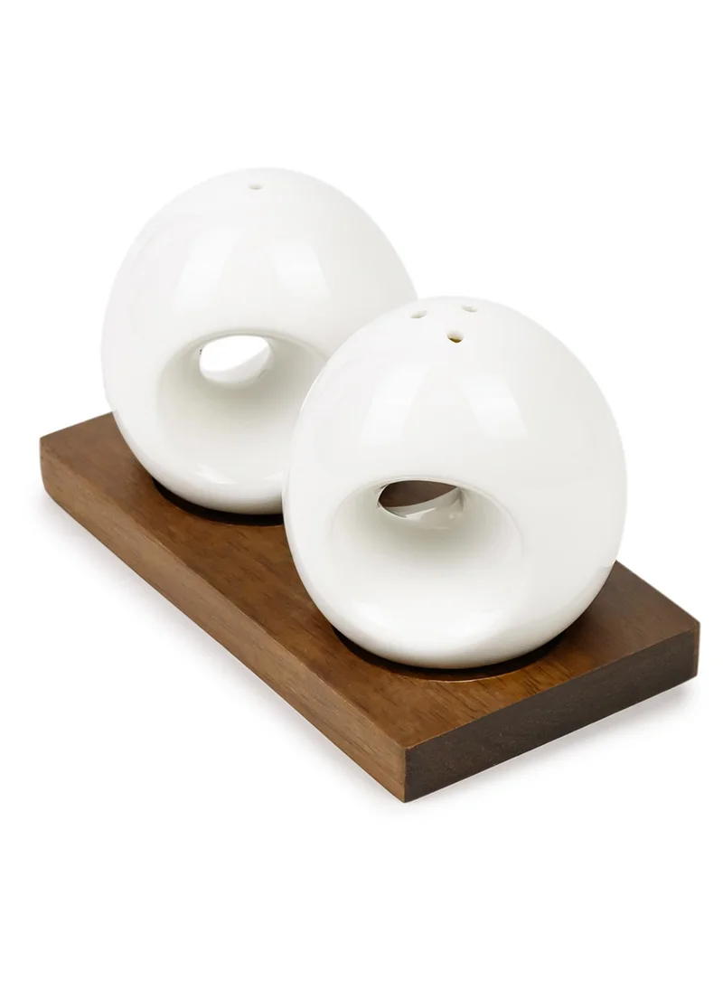 Shallow Shallow Acacia Wood Porcelain 2 Pieces Salt & Pepper Set, White & Brown