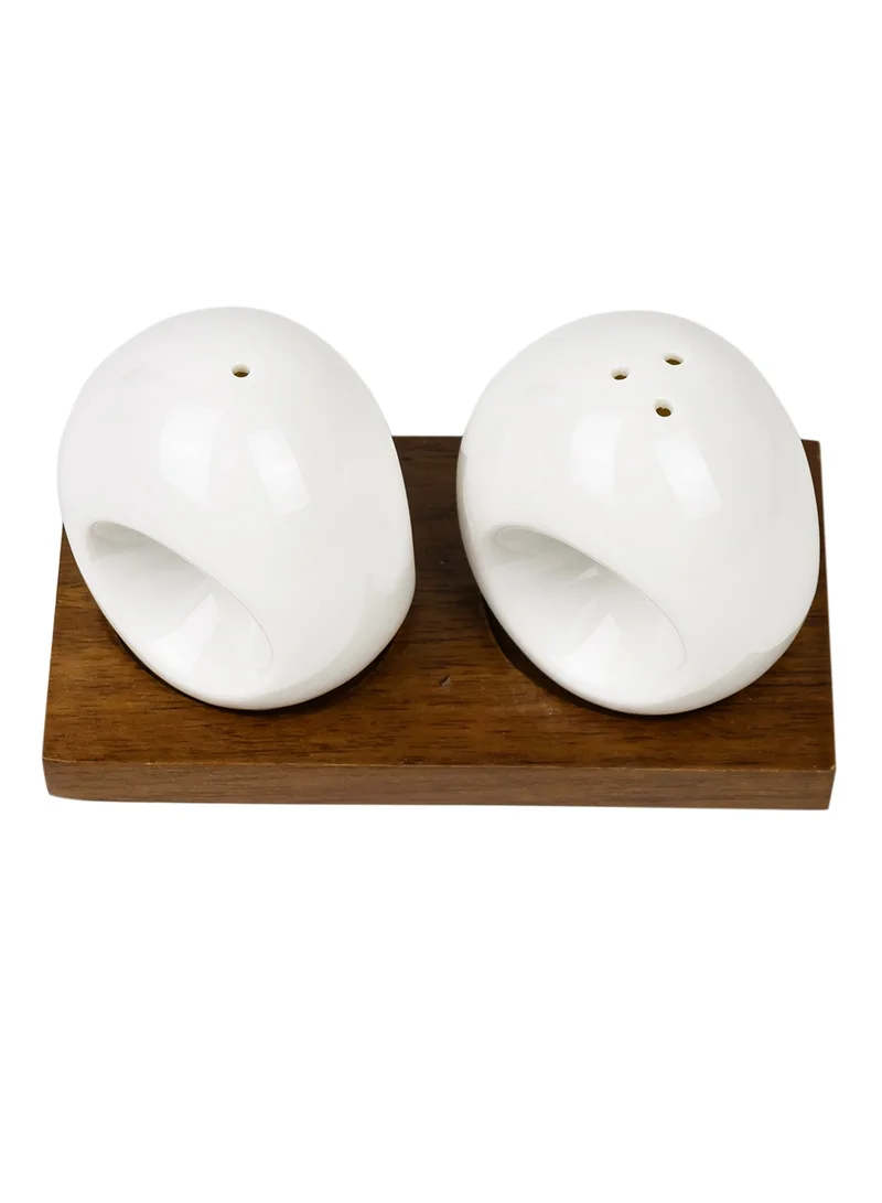 Shallow Shallow Acacia Wood Porcelain 2 Pieces Salt & Pepper Set, White & Brown