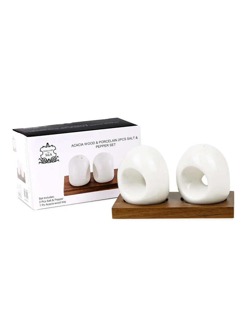 Shallow Shallow Acacia Wood Porcelain 2 Pieces Salt & Pepper Set, White & Brown