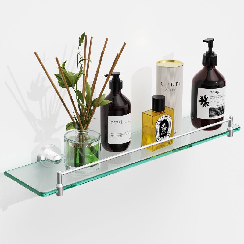 Koco & K KOCOK 20 Inches Glass Shelves for Bathroom Brushed Nickel Floating Glass Shelf Stainless Steel Tempered Glass Bathroom Shelves for Wall Mount Modern Accessories