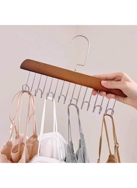 Multifunctional Wooden Clothes Hanger with 8 Stainless Hooks Made of Stainless Steel, Wooden Hanger 8 Hooks for Cloths, Underwear, Ties, Belts