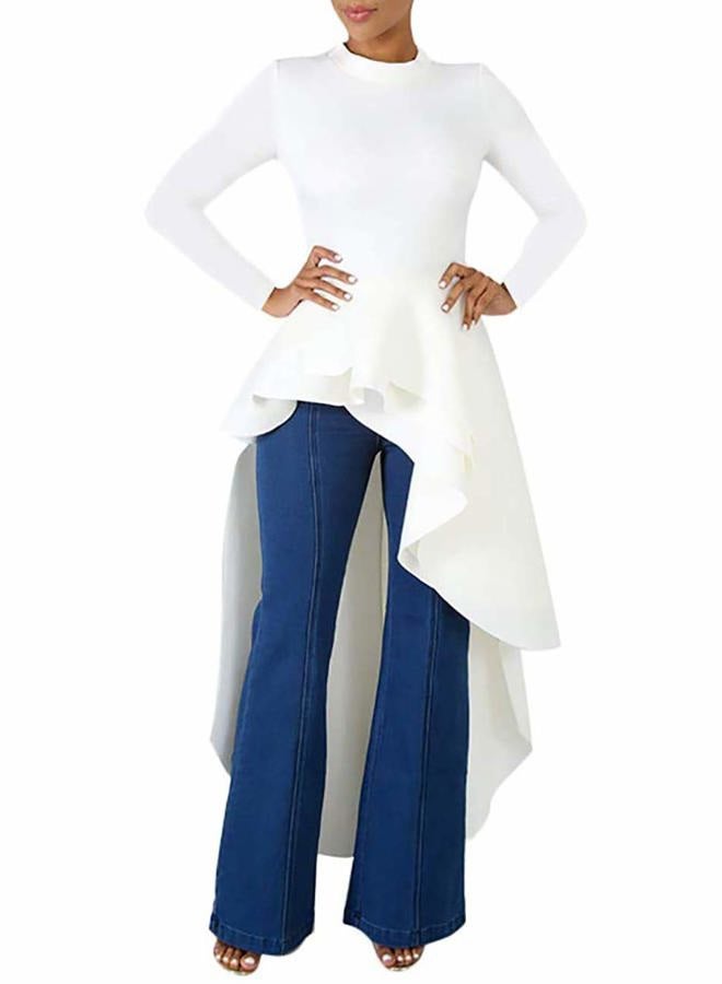 Lrady Women Ruffle High Low Asymmetrical Long Sleeve Peplum Tops Blouse Shirt Dress, 2# White ( Crew Neck ), M - Image 4