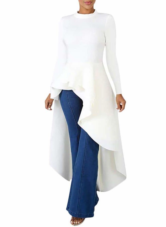 Lrady Women Ruffle High Low Asymmetrical Long Sleeve Peplum Tops Blouse Shirt Dress, 2# White ( Crew Neck ), M - Image 1