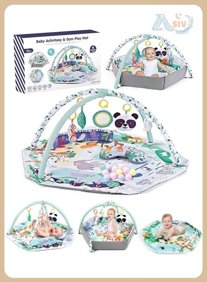 أسيف 4 في 1 سجادة وقت البطن، سجادة نشاط للأطفال، سجادة لعب للأطفال حديثي الولادة للأرض مع 6 ألعاب حسية تعليمية للأطفال، تطوير المهارات الحركية للأطفال، بركة كرات للأطفال مع 18 كرة بحريّة - Image 1