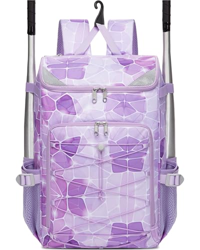 FOKDUVB Baseball Softball Equipment Bag Backpack for Kids Boys Girls Ages 812 1012 1214 Large Youth Bat Bag with Ventilated Shoe Compartment Baseball Softball Stuff Supplies Light Purple Stone - Image 1