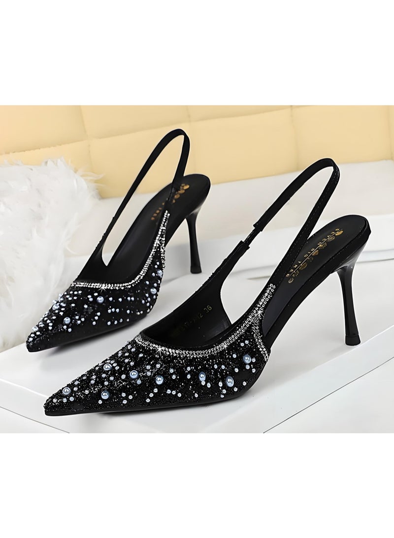 بيج تري المرأة لامعة مغلقة إصبع القدم مضخات الكعب العالي الخلفي مع حزام الكاحل الأسود 8CM - Image 1