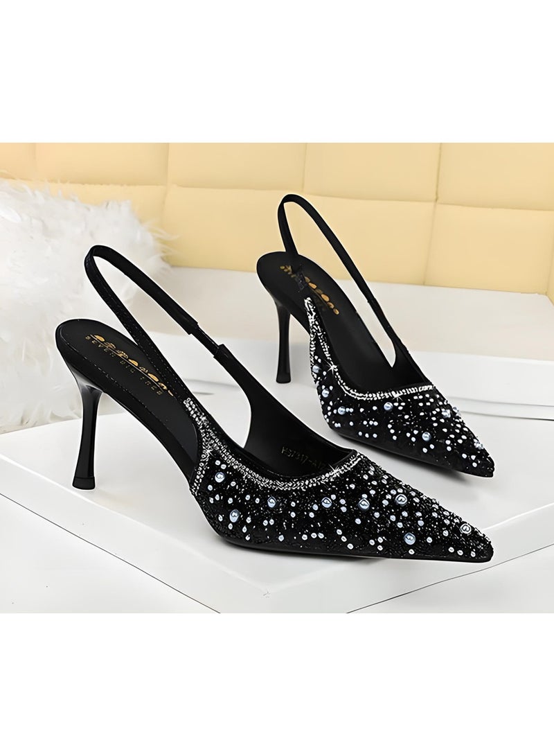 بيج تري المرأة لامعة مغلقة إصبع القدم مضخات الكعب العالي الخلفي مع حزام الكاحل الأسود 8CM - Image 2