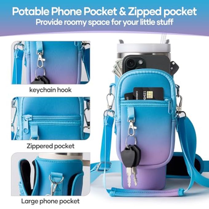 linmaya Water Bottle Carrier Bag With Phone Pocket For Stanley Cup 40/30Oz,Insulated Neoprene Water Bottle Holder Cross-Boday Bag With Adjustable Shoulder & Handheld Strap Stanley Cup Accessories - Image 3