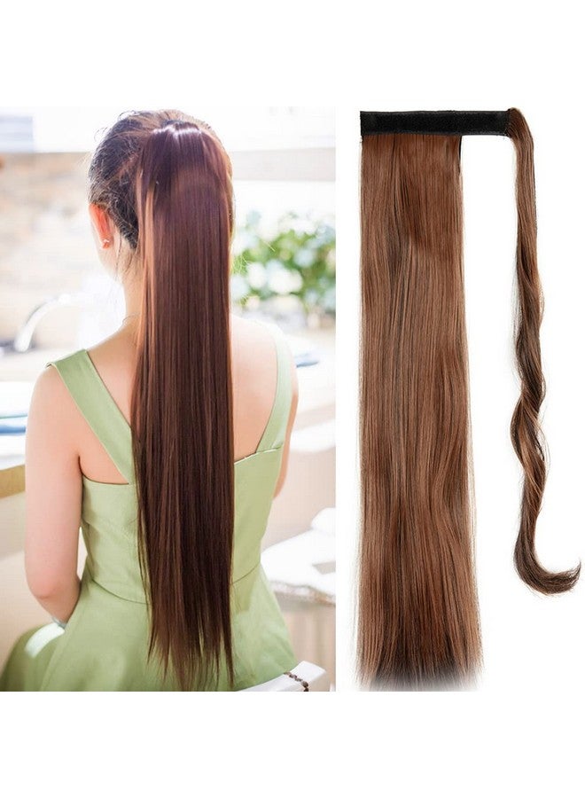 OMGREAT 24" Hair Extensions Ponytail Straight Drawstring Ponytail Hair Piece Wrap Around Long Hair Extensions For Women ( Dark Brown Mix Light Auburn ) - Image 2