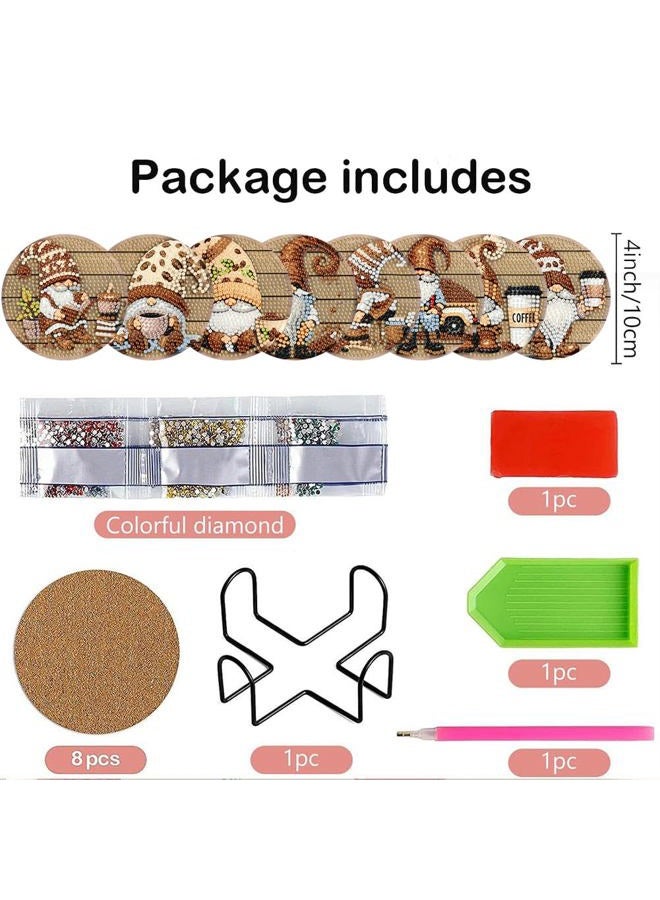 Clendo 8 Pcs 5D Diamond Art Coasters Kits with Holder, Gnome Coffee Diamond Painting Coasters Set for Adults, Small Mini Diamond Dots Kit for Beginners DIY Art Craft Home Decor - Image 2