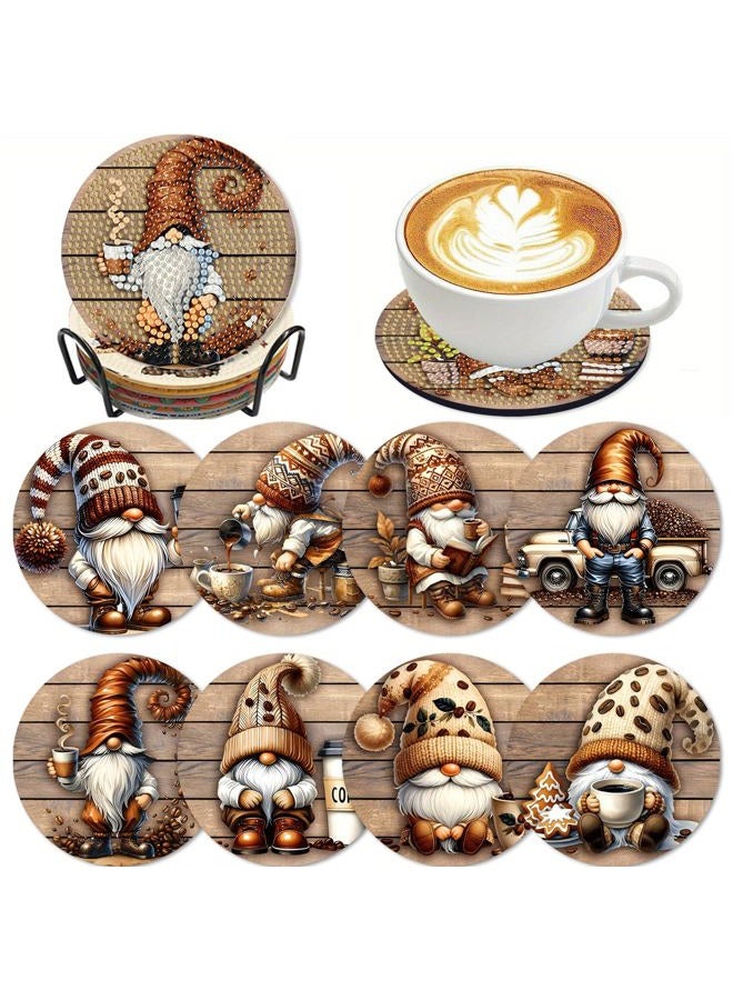 Clendo 8 Pcs 5D Diamond Art Coasters Kits with Holder, Gnome Coffee Diamond Painting Coasters Set for Adults, Small Mini Diamond Dots Kit for Beginners DIY Art Craft Home Decor - Image 1