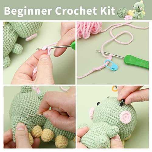 ZMAAGG Beginners Crochet Kit, Crochet Animal Kit, Knitting Kit with Yarn, Polyester Fiber, Crochet Hooks, Step-by-Step Instructions Video, Crochet Starter Kit for Beginner DIY Craft Art (Dinosaur) - Image 4