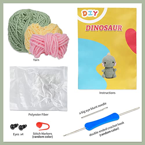 ZMAAGG Beginners Crochet Kit, Crochet Animal Kit, Knitting Kit with Yarn, Polyester Fiber, Crochet Hooks, Step-by-Step Instructions Video, Crochet Starter Kit for Beginner DIY Craft Art (Dinosaur) - Image 2