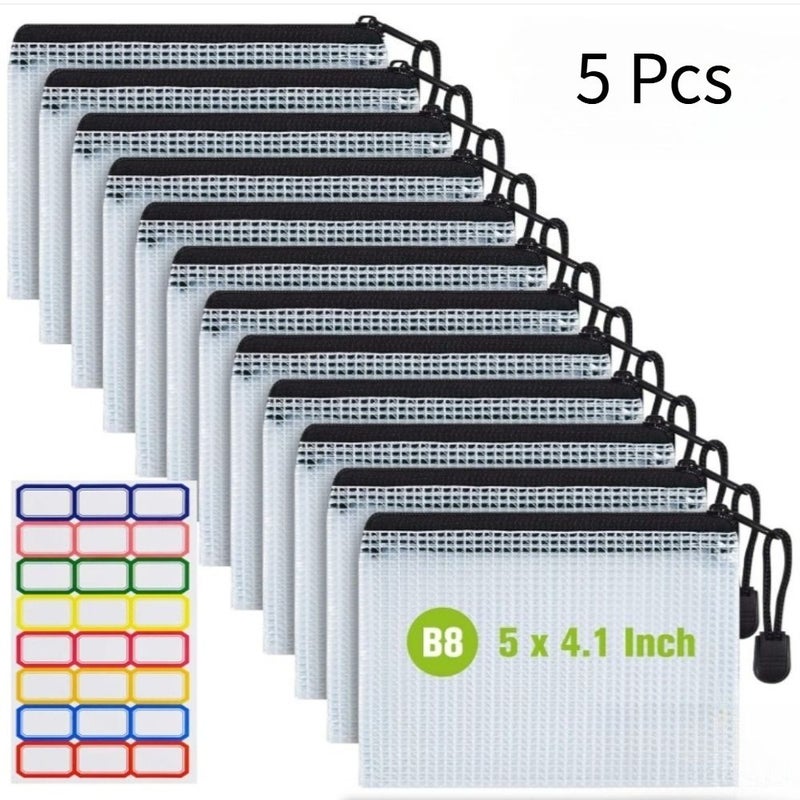 5 أكياس سحاب شبكية من نوع B8، بلاستيك PVC متين وشفاف مع ملصقات ملونة، مقاس 5 × 4.1 بوصة، مناسبة للوازم المكتبية والسفر والعملات والتخزين المنزلي، باللون الأسود. - Image 3