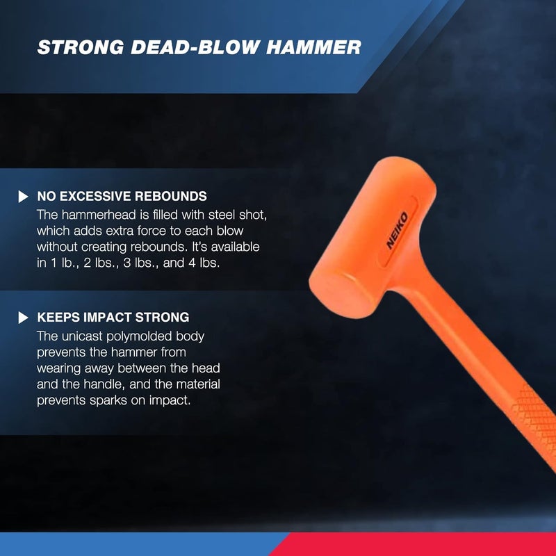 NEIKO 02849A 4 Lb Dead Blow Hammer, Neon Orange | Unibody Molded | Checkered Grip | Spark and Rebound Resistant - Image 2