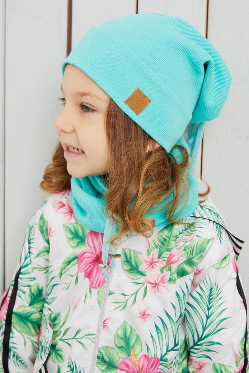 Babygiz Girl's Ocean Blue String Hat Beanie Neck Collar Set Cotton Camisole  - Image 1