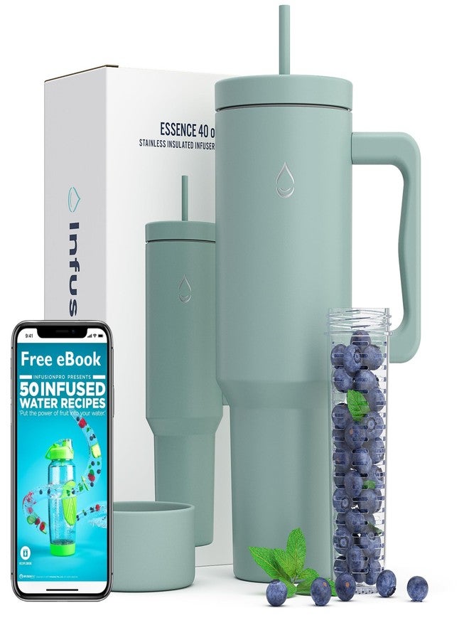 إنفيوجن برو كوب Infusion Pro سعة 40 أونصة مع مقبض، ومصفاة فواكه، وغطاء ماصة: كتاب إلكتروني يحتوي على 50 وصفة لمشروبات الفواكه: قاعدة سفلية: يناسب حامل الأكواب: كوب سفر معزول من الفولاذ المقاوم للصدأ: إيسنس (أزرق سيرف) - Image 1
