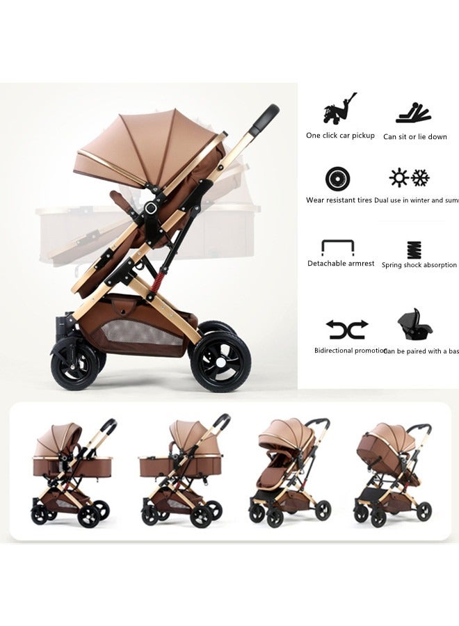 Beauenty High Landscape Fold Baby Stroller With Rubber Wheels - Khaki - Image 3
