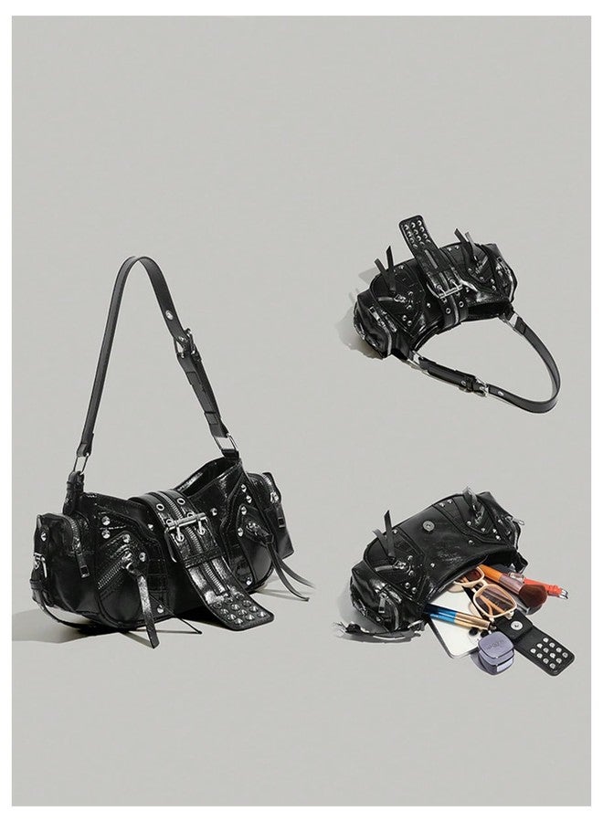 MakeMeChic Women's Rivet Shoulder Bag PU Leather Buckle Y2K Punk Vintage Tote Bag Handbags Black One Size - Image 2