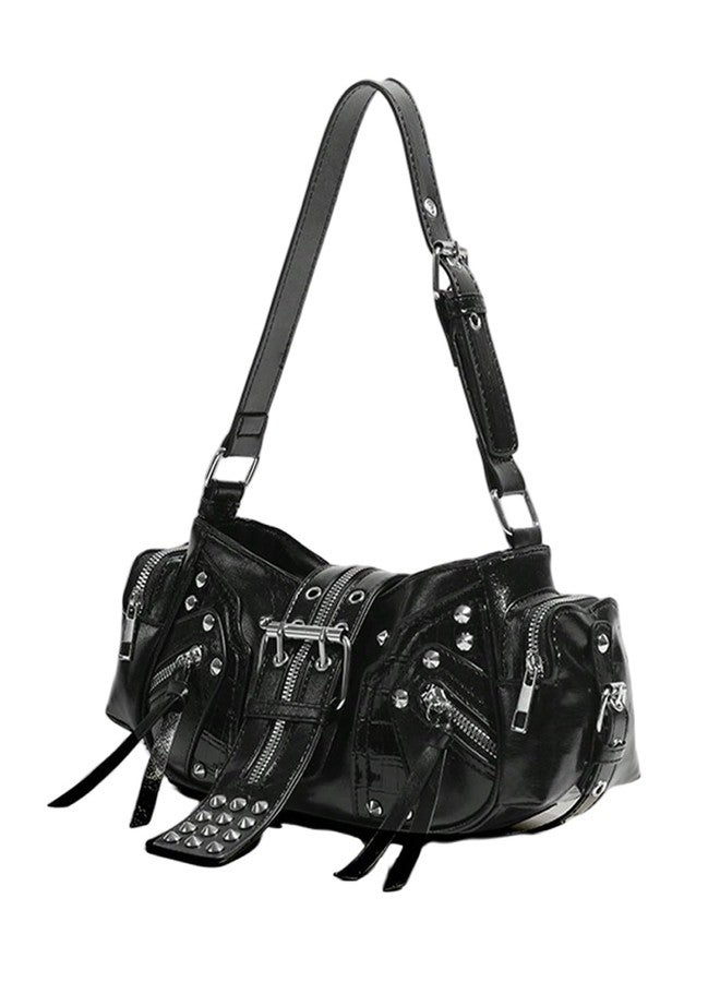 MakeMeChic Women's Rivet Shoulder Bag PU Leather Buckle Y2K Punk Vintage Tote Bag Handbags Black One Size - Image 1