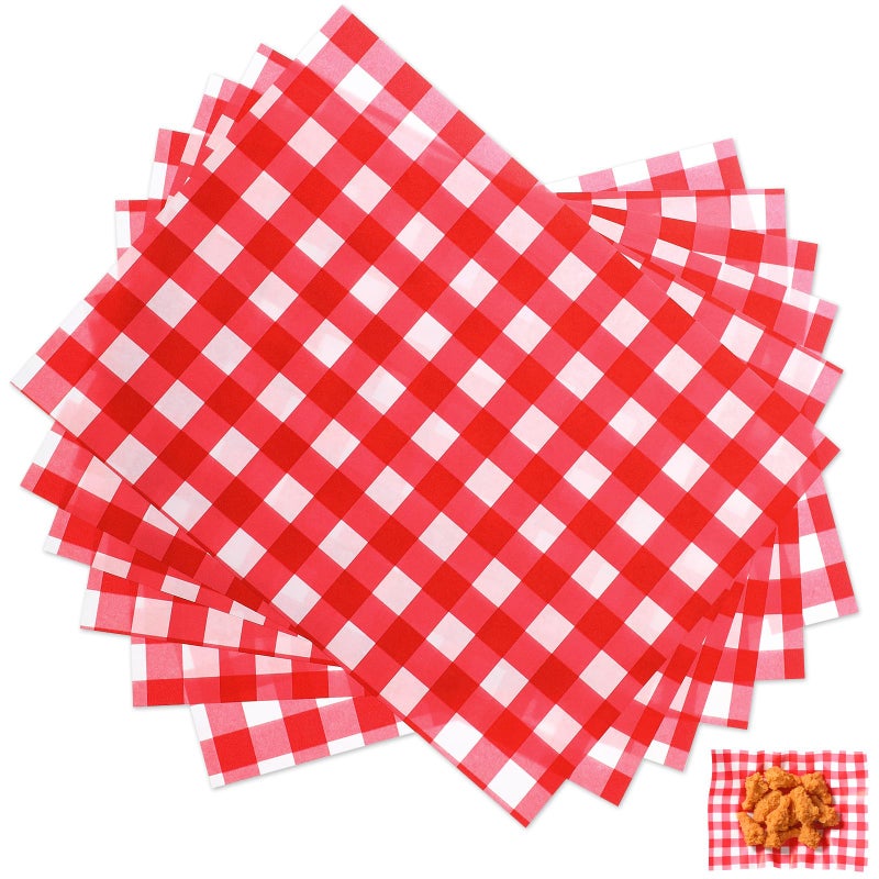 Epakh 100 Sheets Checkered Deli Paper 12 x 10 Inch Sandwich Paper Waxed Grease Resistant Food Basket Liners for Wrapping Bread Hamburgers Hot Dogs Fast FoodRed and White