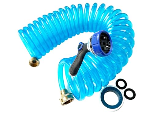 SANFU EVA Recoiled Garden Water Hose 3/8"ID x 25ft Premium Water Nozzle Sprayer 10 Adjustable Patterns With 3/4"Inch Brass Fittings Retractable, Non-Kinking Outdoor Patio Hose Marine&Boat, Blue(25') - Image 1