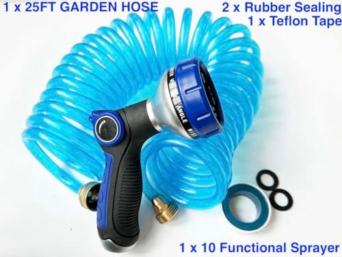 SANFU EVA Recoiled Garden Water Hose 3/8"ID x 25ft Premium Water Nozzle Sprayer 10 Adjustable Patterns With 3/4"Inch Brass Fittings Retractable, Non-Kinking Outdoor Patio Hose Marine&Boat, Blue(25') - Image 2
