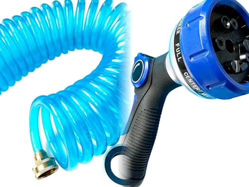 SANFU EVA Recoiled Garden Water Hose 3/8"ID x 25ft Premium Water Nozzle Sprayer 10 Adjustable Patterns With 3/4"Inch Brass Fittings Retractable, Non-Kinking Outdoor Patio Hose Marine&Boat, Blue(25') - Image 3
