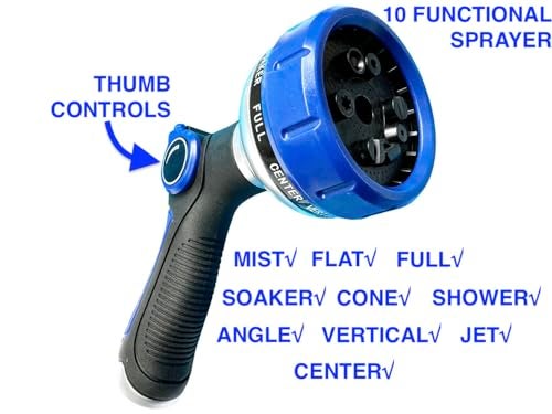 SANFU EVA Recoiled Garden Water Hose 3/8"ID x 25ft Premium Water Nozzle Sprayer 10 Adjustable Patterns With 3/4"Inch Brass Fittings Retractable, Non-Kinking Outdoor Patio Hose Marine&Boat, Blue(25') - Image 4