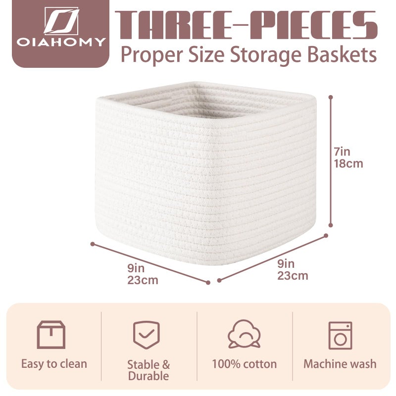 OIAHOMY 9â€x9â€x7â€ Storage Cubes, Cotton Rope Woven Baskets for Organizing, Cube Storage Bin, Small Gift Basket for Shelf, 3-Pack, White - Image 2