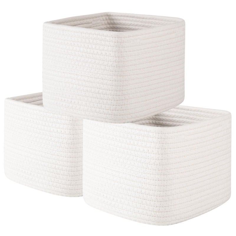 OIAHOMY 9â€x9â€x7â€ Storage Cubes, Cotton Rope Woven Baskets for Organizing, Cube Storage Bin, Small Gift Basket for Shelf, 3-Pack, White - Image 1