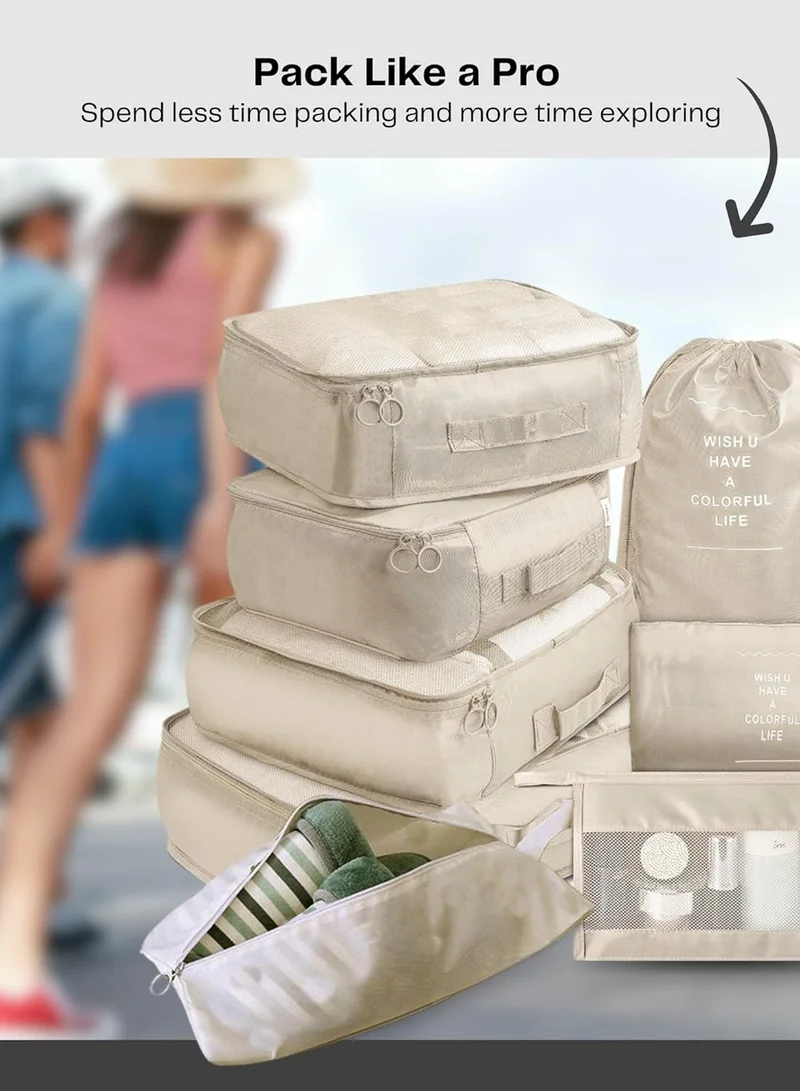 Quesera  Travel Organizer, 8 Pcs Packing Cubes Luggage Organizer, Storage Bags Organizer Set, Waterproof, Space Saving, Travel Essentials Organizer, Beige  | Best Price UAE