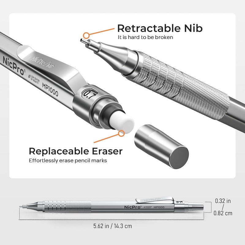 Nicpro 2 PCS Mechanical Pencil 0.5mm & 0.7 mm with Case, MP1000 Metal Artist Pencil Set with 4 Tubes HB Lead Refills, 2 Erasers, 9 Eraser Refills For Art Writing Drafting, Drawing, Sketch, Silver - Image 3