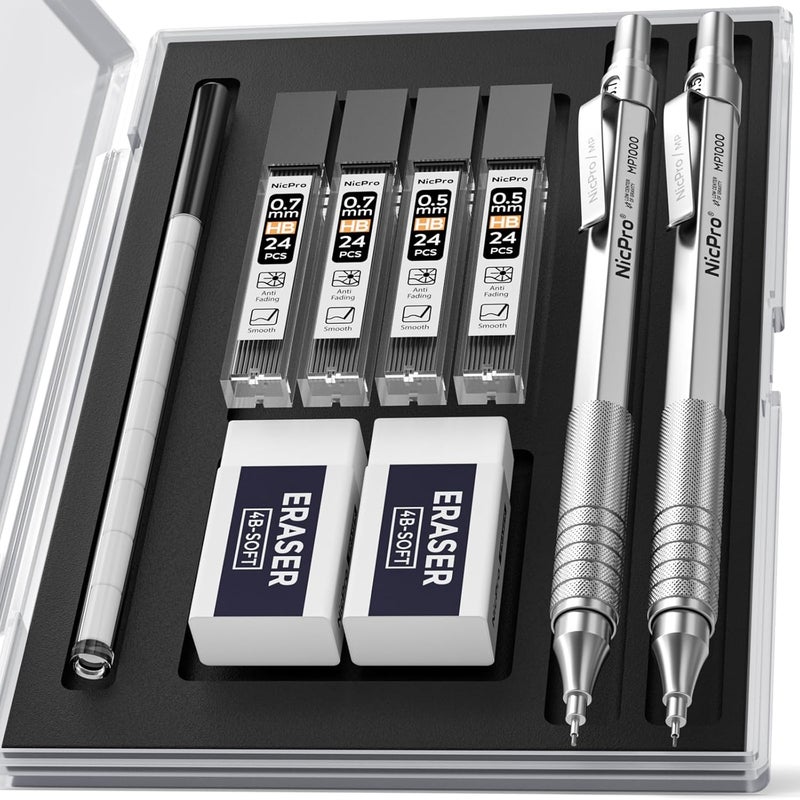 Nicpro 2 PCS Mechanical Pencil 0.5mm & 0.7 mm with Case, MP1000 Metal Artist Pencil Set with 4 Tubes HB Lead Refills, 2 Erasers, 9 Eraser Refills For Art Writing Drafting, Drawing, Sketch, Silver - Image 1