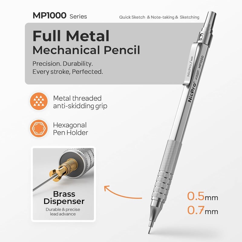 Nicpro 2 PCS Mechanical Pencil 0.5mm & 0.7 mm with Case, MP1000 Metal Artist Pencil Set with 4 Tubes HB Lead Refills, 2 Erasers, 9 Eraser Refills For Art Writing Drafting, Drawing, Sketch, Silver - Image 2