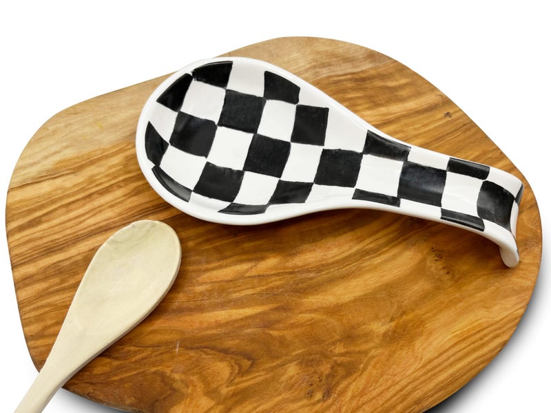 BIEN BEAU Checkered Spoon Rest for Kitchen Counter - Cooking Spoon Holder for Stove Top - Large Utensil Spatula Spoon Rest - Cute Kitchen Gadgets Gift for Housewarmings - Distressed Checkerboard Black and White - Image 1