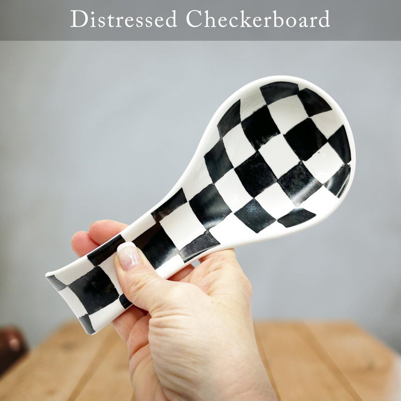 BIEN BEAU Checkered Spoon Rest for Kitchen Counter - Cooking Spoon Holder for Stove Top - Large Utensil Spatula Spoon Rest - Cute Kitchen Gadgets Gift for Housewarmings - Distressed Checkerboard Black and White - Image 2