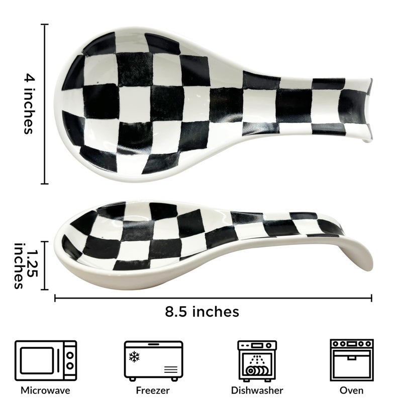 BIEN BEAU Checkered Spoon Rest for Kitchen Counter - Cooking Spoon Holder for Stove Top - Large Utensil Spatula Spoon Rest - Cute Kitchen Gadgets Gift for Housewarmings - Distressed Checkerboard Black and White - Image 4