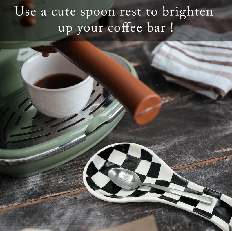 BIEN BEAU Checkered Spoon Rest for Kitchen Counter - Cooking Spoon Holder for Stove Top - Large Utensil Spatula Spoon Rest - Cute Kitchen Gadgets Gift for Housewarmings - Distressed Checkerboard Black and White - Image 5