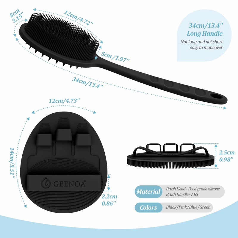 GEENOA Silicone Back Scrubber & Bath Glove Set 2PCS, 13.4'' Gentle Shower Back Scrubber with Dual-Side Head Non-Slip Handle, 360Â° Anti-Slip Hand-fit Bath Glove for Rich Foaming Deep Cleaning(Black) - Image 2