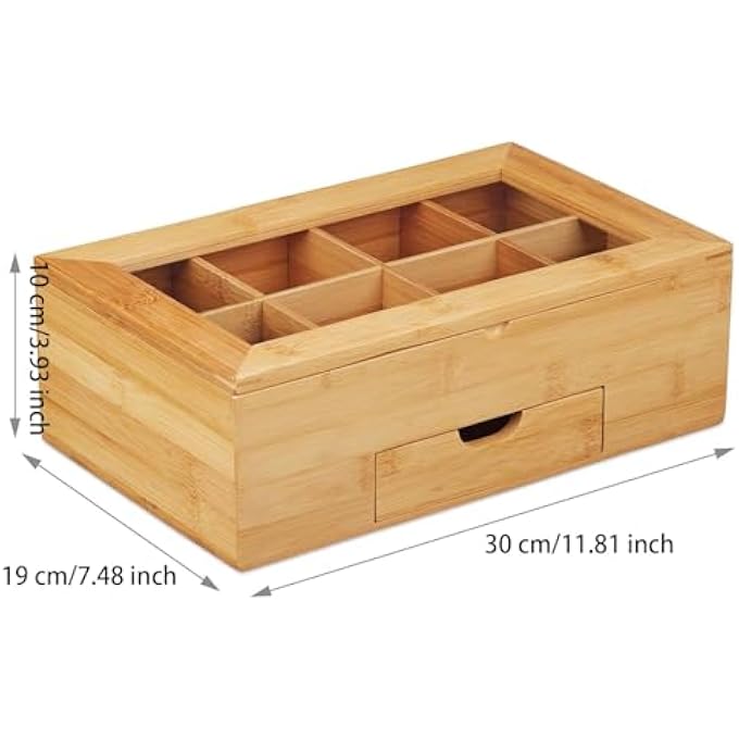 Lonimia Tea Bag Organizer Storage Box 1 Pc Bamboo Tea Storage Chest Case With Drawer And Acrylic Window MultiFunctional Wooden Container For Home Office Restaurant Cabinets Countertop Tea Not Included - Image 3