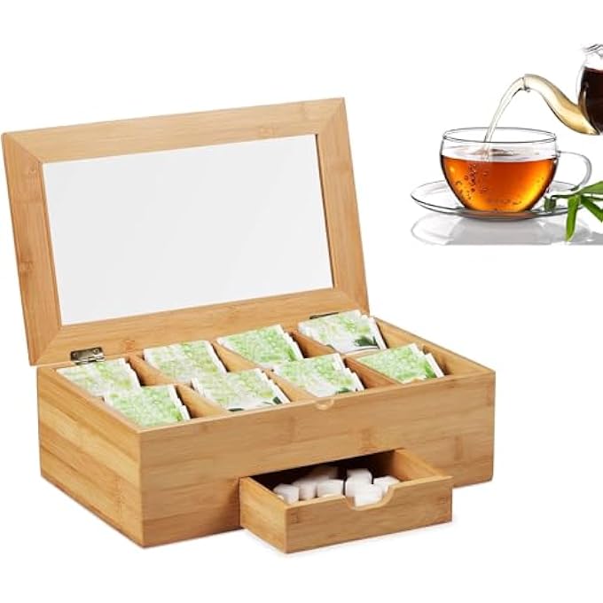Lonimia Tea Bag Organizer Storage Box 1 Pc Bamboo Tea Storage Chest Case With Drawer And Acrylic Window MultiFunctional Wooden Container For Home Office Restaurant Cabinets Countertop Tea Not Included - Image 1